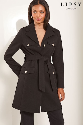 Lipsy Black Petite Military Button Through Belted Coat (152093) | £88