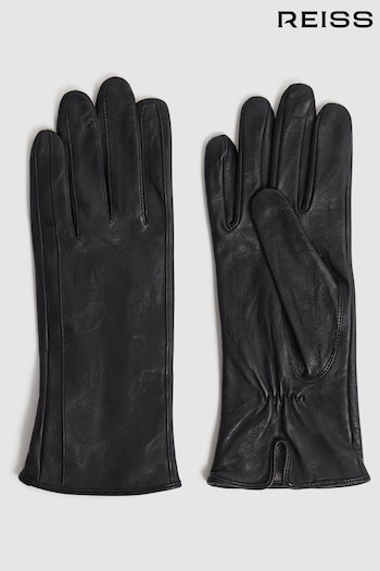 Reiss Black Giselle Leather Ruched Gloves (152213) | £58