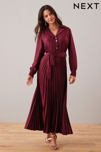 Berry Red Fuller Bust Pleated Long Sleeve Midi Dress (152282) | £73