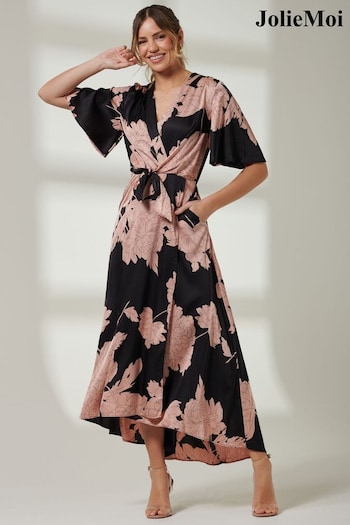 Jolie Moi Angel Sleeve Satin Maxi Black Dress (152702) | £60