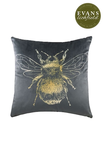 Evans Lichfield Grey Gold Bee Velvet Polyester Filled Cushion (152720) | £17