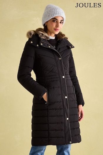 Joules Cherington Black Showerproof Longline Padded Coat with Faux Fur Hood (152916) | £199