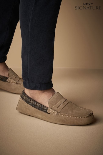 Stone Brown Luxury Signature Suede Moccasin Slippers (152932) | £32