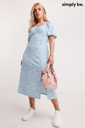 Simply Be Blue Print Ruched Front Waffle Midi Dress With Side Split (152972) | £16