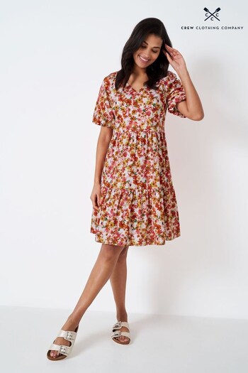 Crew Clothing Company Pink Floral Print Cotton Tiered Dress (153165) | £79
