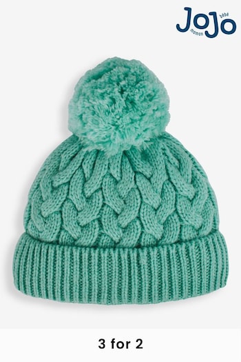JoJo Maman Bébé Green Girls' Chunky Cable Knit Pom Pom Hat (153210) | £14.50