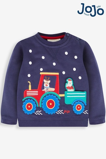 JoJo Maman Bébé Navy Blue Santa In a Tractor Appliqué Sweatshirt (153227) | £24.50
