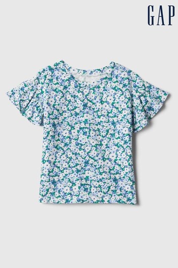 Gap Blue Print Short Flutter Sleeve Crew Neck T-Shirt (Newborn-5yrs) (154418) | £8