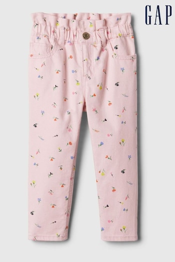 Gap Pink Floral Print Elasticated Paperbag Soft Stretch Mom Jeans (154525) | £20