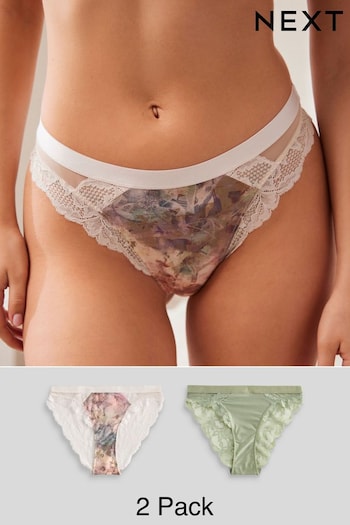 Pink Watercolour Floral Print/Sage Green High Leg Lace Trim Knickers 2 Pack (154661) | £18