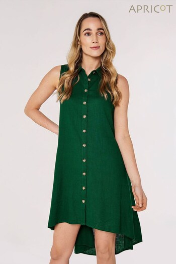 Apricot Green Linen Mix Sleeveless Hi-Lo cargo-pocket Shirt Dress (155431) | £35
