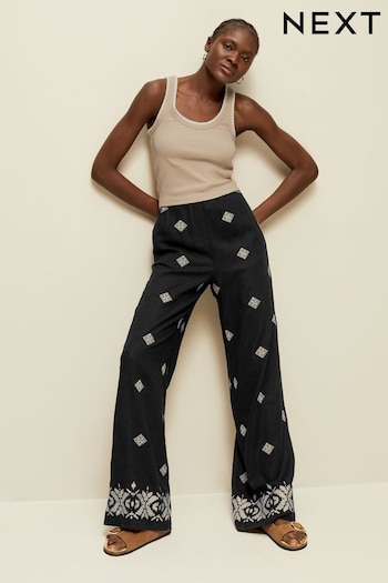 Black Embroidered Wide Leg Joes Trousers With Linen (155760) | £40