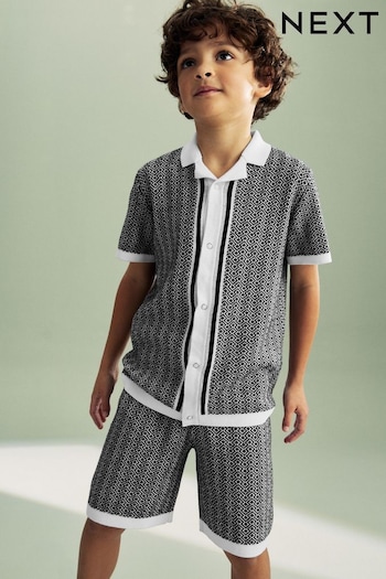 Black/White Mono Knitted Polo wykonana Set (3-16yrs) (155766) | £22 - £26