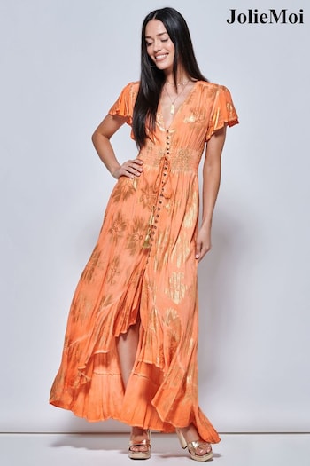 Jolie Moi Orange Angel Sleeve Button Front Holiday Maxi Dress (155861) | £75