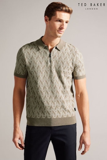 Ted Baker Green Mitford Short Sleeve Bouclé Jacquard Zip Polo Shirt (156178) | £90