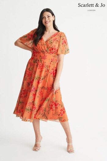 Scarlett & Jo Orange Flower Print Victoria Angel Sleeve Mesh Long Midi Dress (156238) | £85