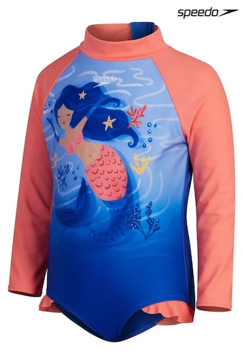 Speedo Girls Blue Digital Long Sleeve Frill Swimsuit (157262) | £30