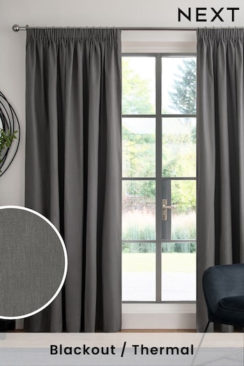 Charcoal Grey Cotton Pencil Pleat Blackout/Thermal Curtains (157472) | £40 - £105