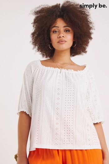 Simply Be Stretch Broderie Square Neck White Top (157595) | £24
