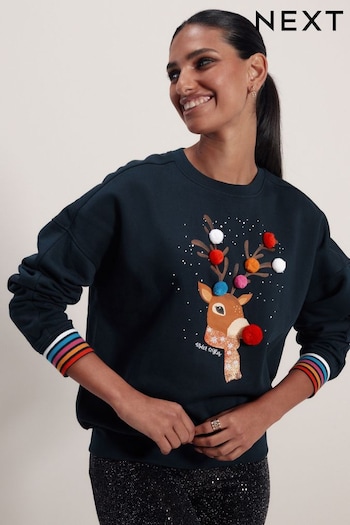 Navy Blue Reindeer Pom Pom Christmas Novelty Sweatshirt (157806) | £34