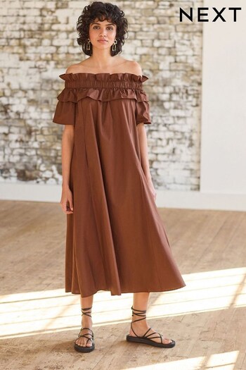 Chocolate Brown Bardot Frill Midi Poplin Dress (158039) | £40