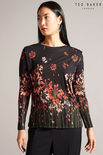 Ted Baker Black Printed Feonlaa Fitted T-Shirt With Shoulder Detail (158068) | £55