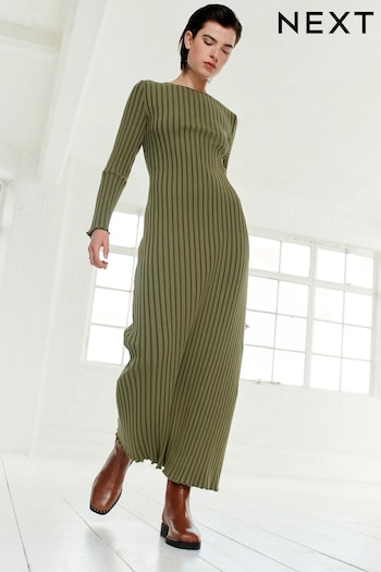 Khaki Green Striped Ribbed Maxi Dress (158076) | £69