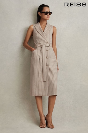 Reiss Neutral Andie Wool Blend Striped Double Breasted Midi Dress (158576) | £248