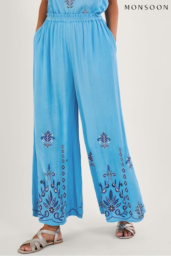 Monsoon Blue Embroidered Wide Leg Trousers in LENZING™ ECOVERO™ (158677) | £65