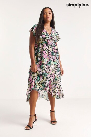 Simply Be Black Floral Ruffle Front Wrap Midi Dress (159140) | £49