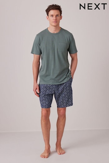 Sage Green/Navy Blue Pattern Lightweight Short Pyjamas Set (159343) | £24