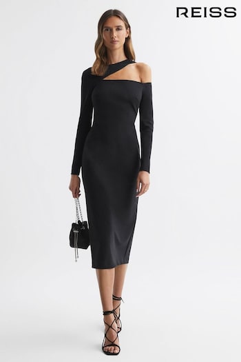 Reiss Black Tiffany Bodycon Off-The-Shoulder Midi Dress (160195) | £398