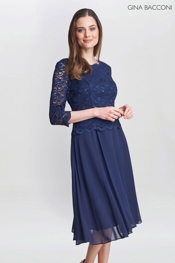 Gina Bacconi Blue Rona Midi Dress With Lace Bodice & Chiffon Skirt (160307) | £299