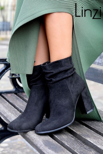 Linzi Black Mila Faux Suede Ruched Square Toe Block Heel Victoria Boots (160387) | £42