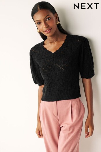 Black Crochet Knitted Short Sleeve Top (161080) | £38