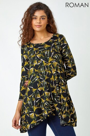 Roman Yellow Fan Print Hanky Hem Stretch Top (161472) | £28