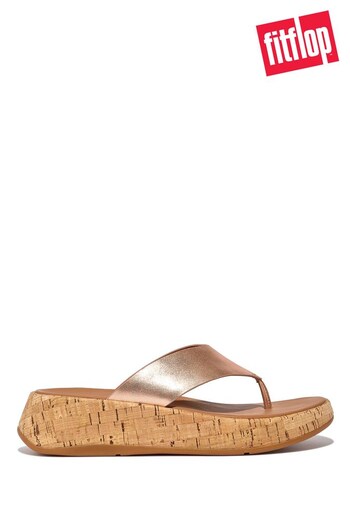 FitFlop Gold F-Mode Metallic Leather/Cork Flat Form Toe-Post Sandals (161929) | £115