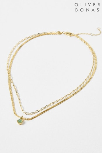 Oliver Bonas Green Calla Two Row Green Aventurine Stone Gold Plated Pendant Necklace (162576) | £55