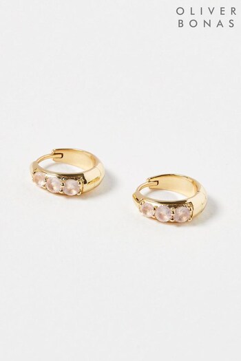 Oliver Bonas Pink Gem Stone Detail Chunky Gold Plated Hoop Earrings (163004) | £45
