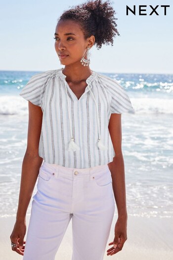 Blue and White Striped Capped Sleeve V-Neck Top With Linen (163495) | £22