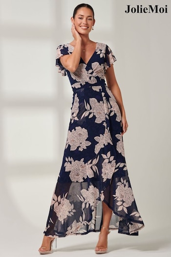 Jolie Moi Navy Blue Floral Gisselle Ruffle Hem Mesh Maxi Dress (163557) | £85