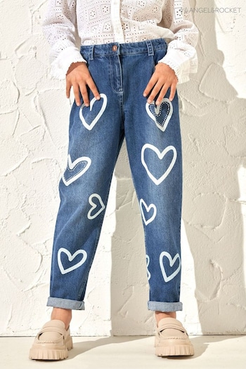 Angel & Rocket Blue Kendal Heart Print Mom Fit Jeans Damaged (163716) | £30 - £34