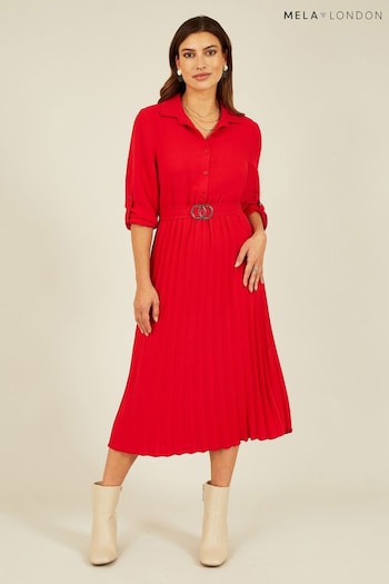 Mela Red Pleated Skirt Midi Dress with Belt Buckle (164068) | £42