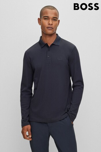 BOSS Dark Blue Plisy Collar Detail Long Sleeve Polo Shirt (164516) | £99