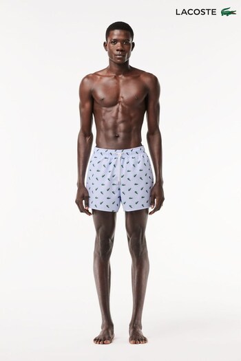 Lacoste White/Blue Crocodile Logo Print Swim Shorts (165243) | £75