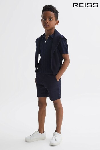 Reiss Navy Ubud Senior Half-Zip Textured Polo T-Shirt (165257) | £42