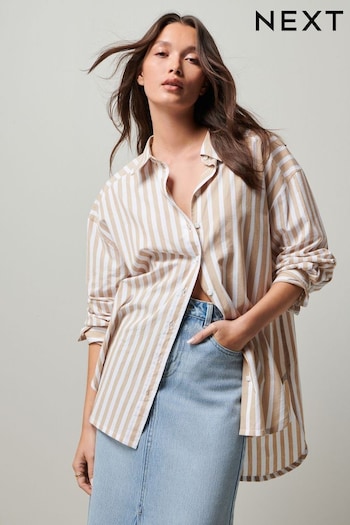 Ecru/Brown Oversized Striped Long Sleeve Cotton Shirt (165468) | £32