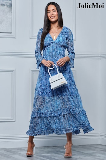 Jolie Moi Blue V-Neck Shirred Chiffon Maxi camo Dress (166233) | £79