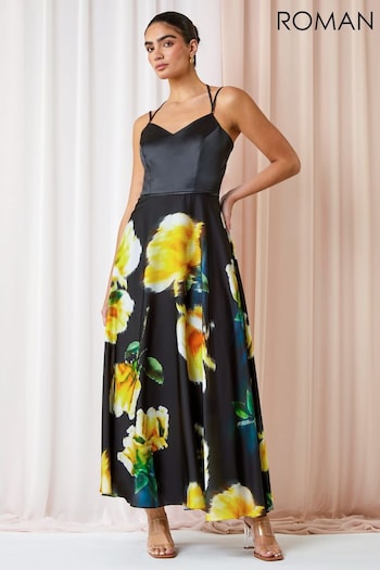 Roman Black Luxe Floral Fit & Flare Maxi shirt Dress (166375) | £135
