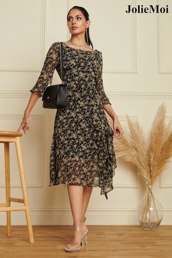 Jolie Moi Floral Chiffon Frill Hem Midi Black Dress (166634) | £75